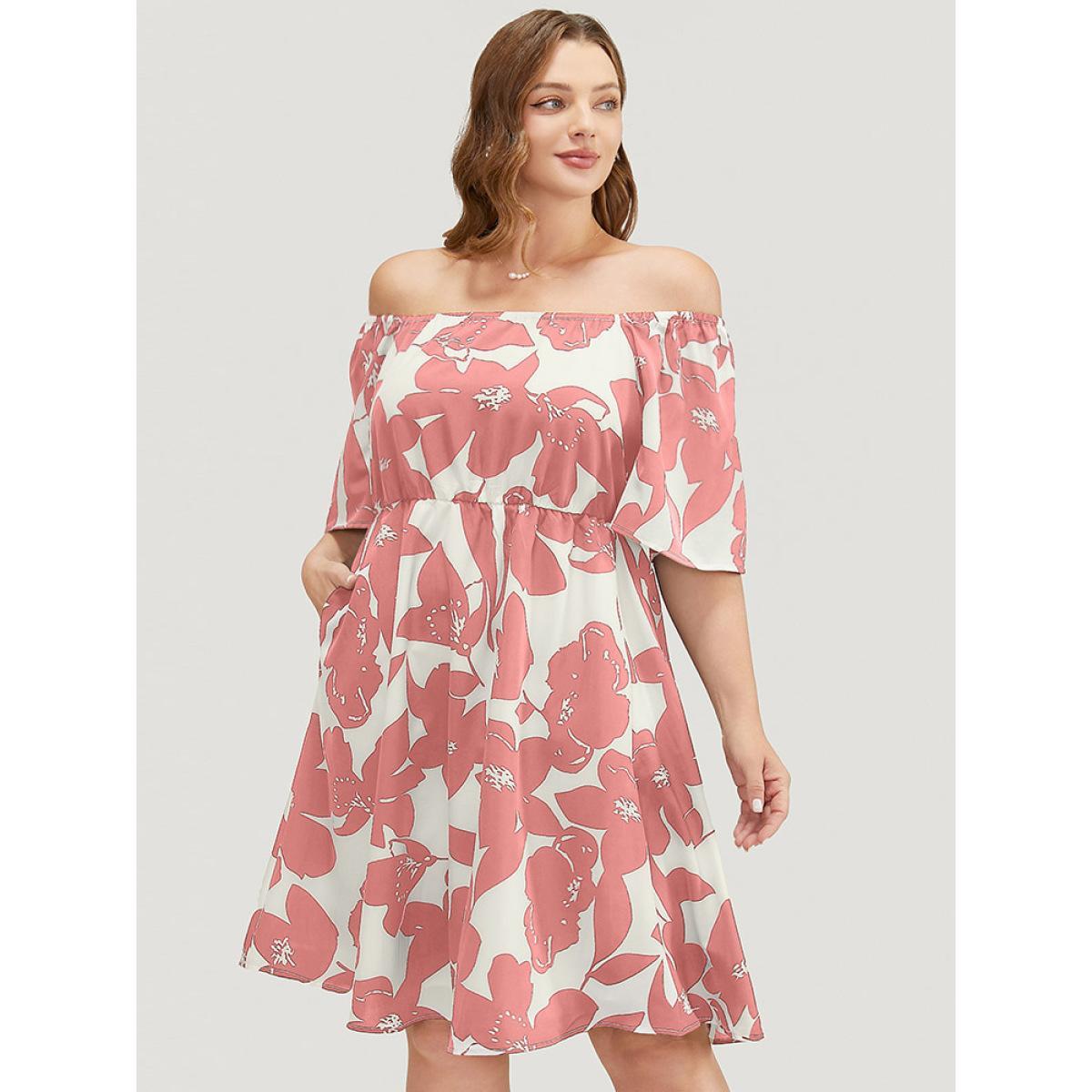 Plus Size Floral Ruffle Sleeve Pocket Off Shoulder Dress Watermelon Women Elegant Pocket One-shoulder neck Short sleeve Curvy Knee Dress BloomChic 30/6X Product Image