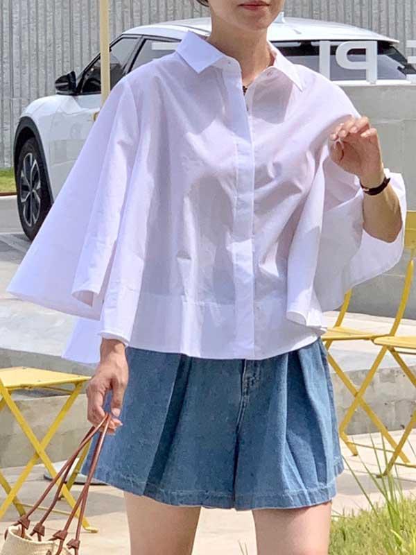 A-Line Flared Sleeves Buttoned Pleated Solid Color Lapel Blouses&Shirts Tops Product Image