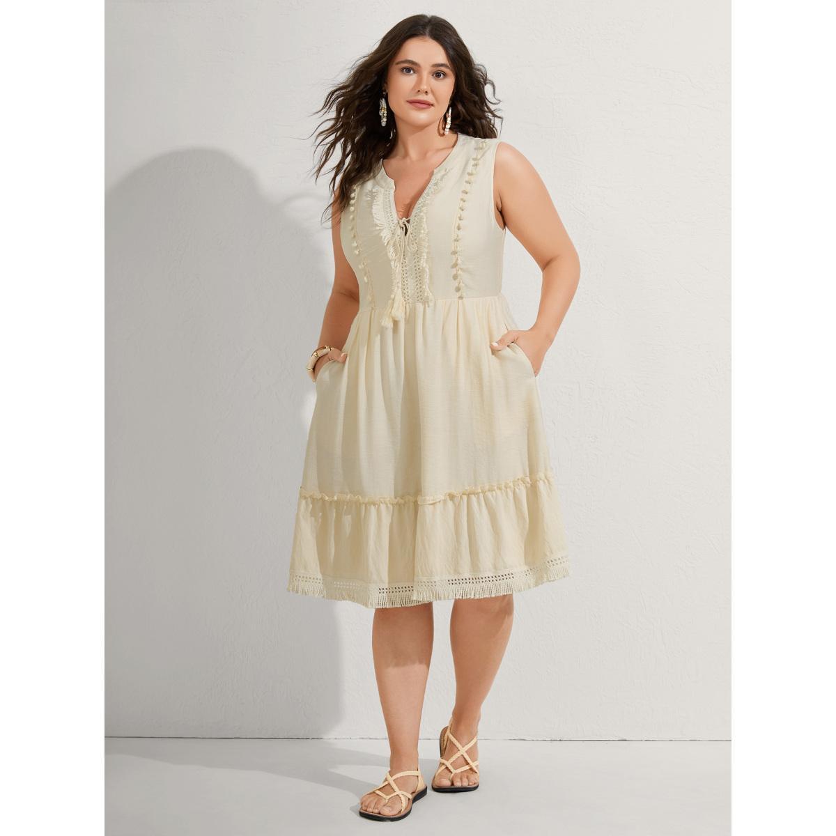 Plus Size Pure Cotton Tassels Lace Midi Dress Apricot Women Woven ribbon&lace trim Flat collar with V-notch Sleeveless Curvy BloomChic 28/5X Product Image