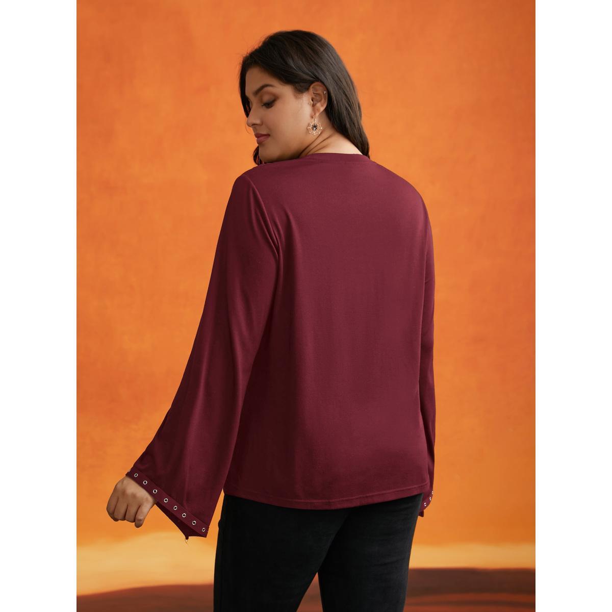 Plus Size Peek-A-Boo Cut-Out Neckline T-shirt Burgundy Women Elegant Eyelet Round Neck Everyday T-shirts BloomChic 18-20/2X Product Image