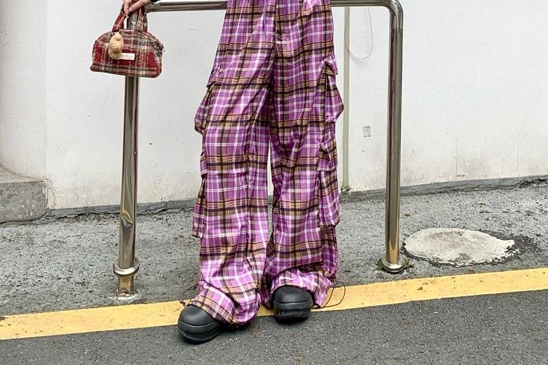 High Rise Plaid Wide Leg Cargo Pants Product Image