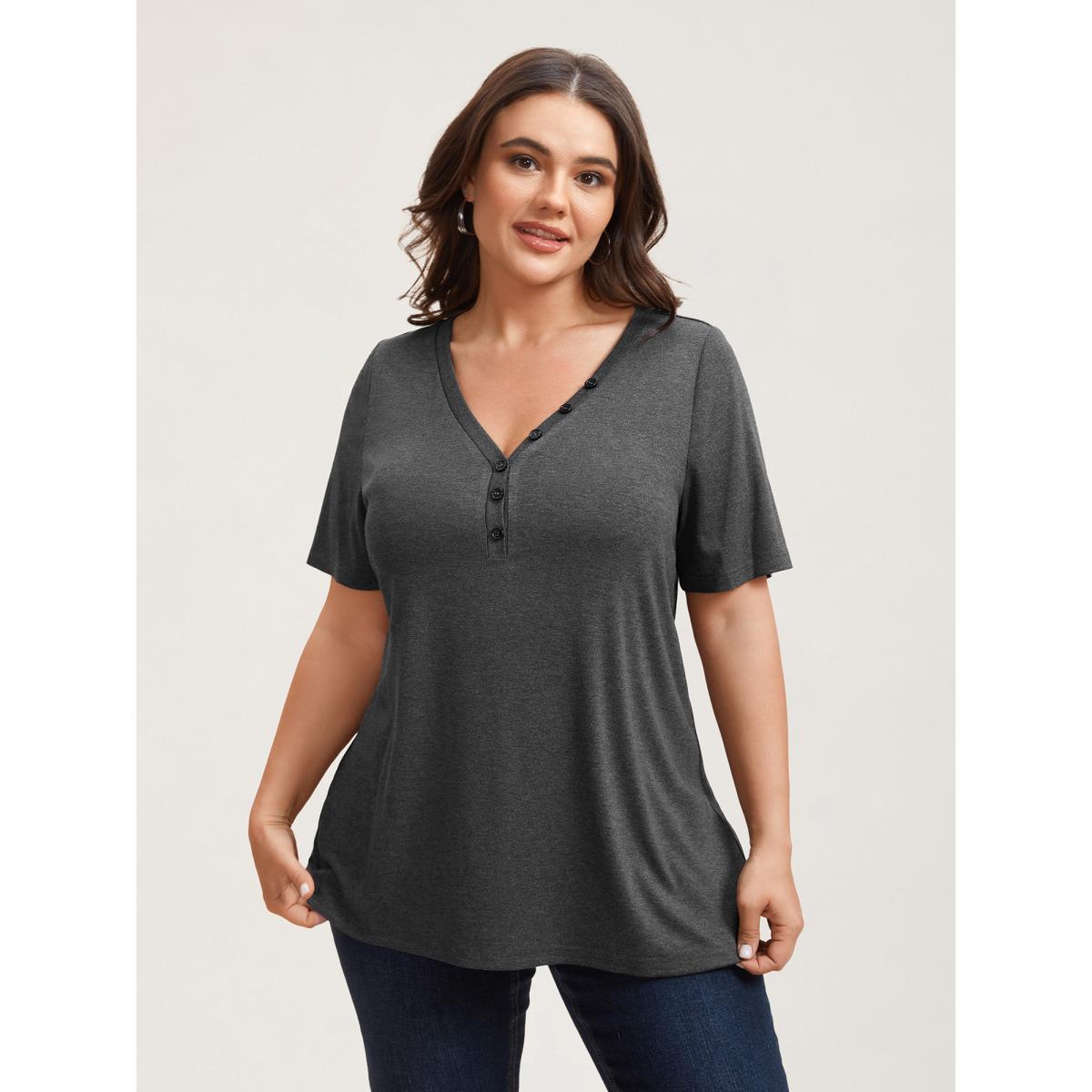 Plus Size Adjustable Neck Coverage Button Placket T-Shirt DimGray Women Casual Button V-neck Everyday T-shirts BloomChic 28/5X Product Image