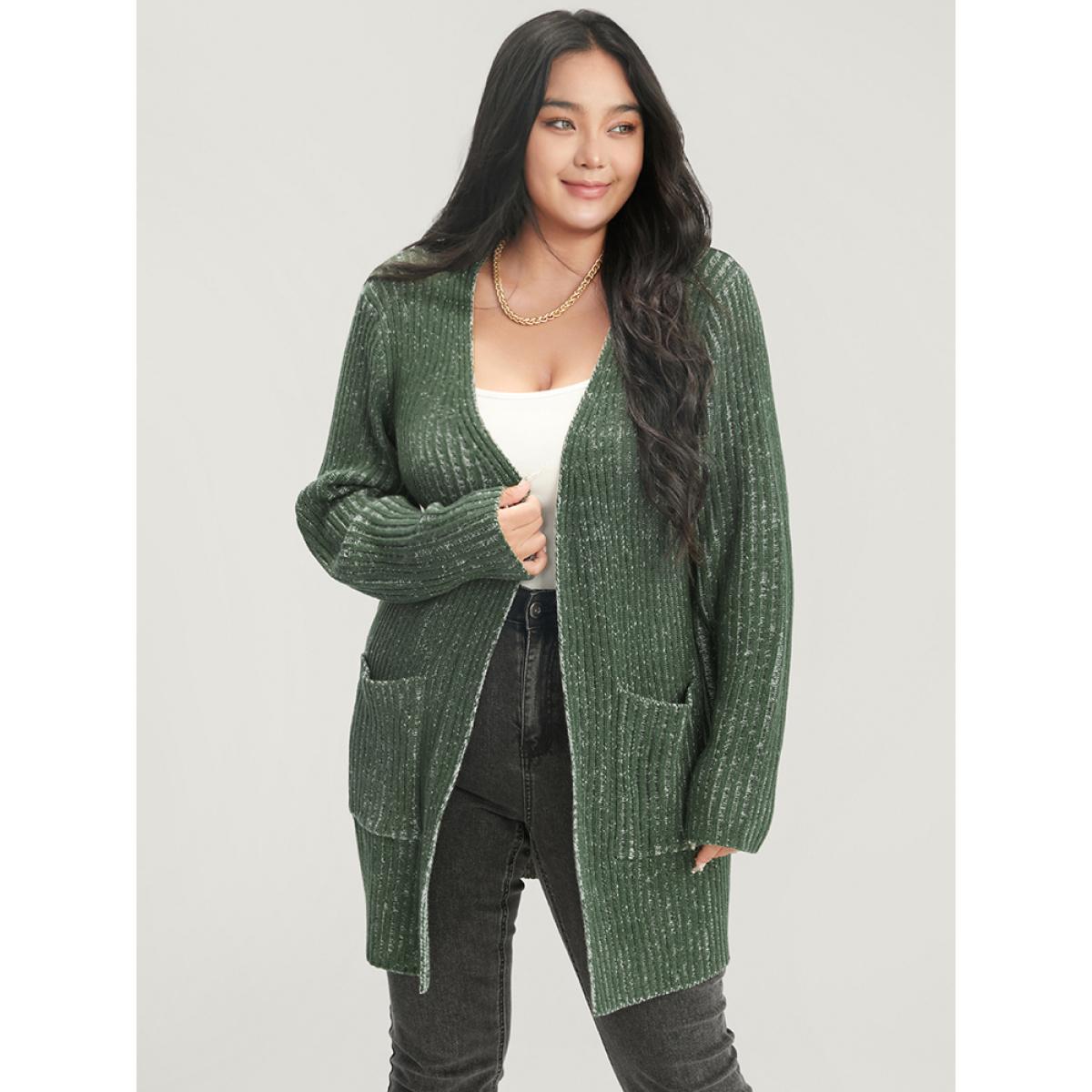 Plus Size Solid Pointelle Knit Heather Rib Knit Open Front Cardigan ArmyGreen Women Casual Loose Long Sleeve Work Cardigans BloomChic 28/5X Product Image