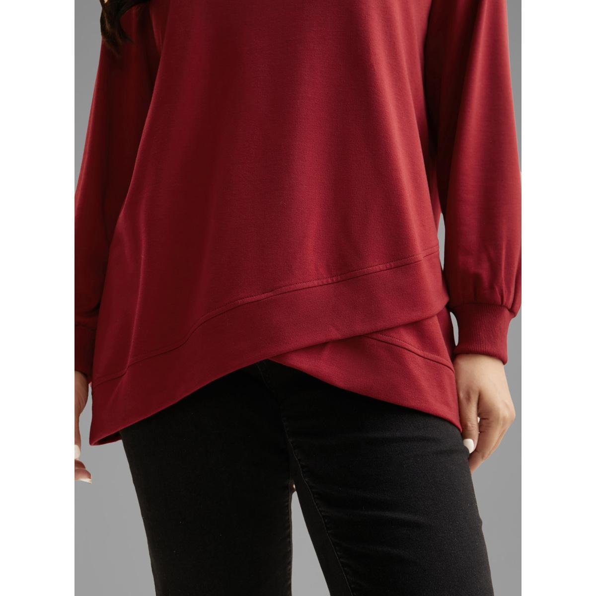 Plus Size Overlapping Hem Round Neck Sweatshirt Women Burgundy Casual Overlapping Round Neck Everyday Sweatshirts BloomChic 18-20/2X Product Image