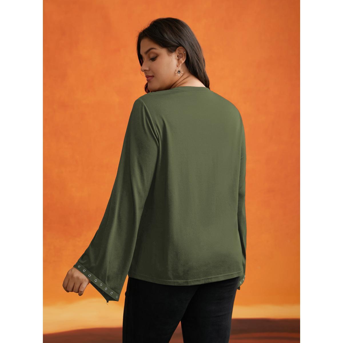 Plus Size Peek-A-Boo Cut-Out Neckline T-shirt ArmyGreen Women Elegant Eyelet Round Neck Everyday T-shirts BloomChic 22-24/3X Product Image