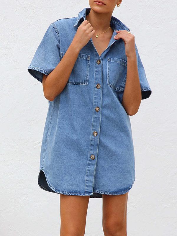 Loose Short Sleeves Split-Joint Lapel Mini Dresses Shirt Dress Product Image