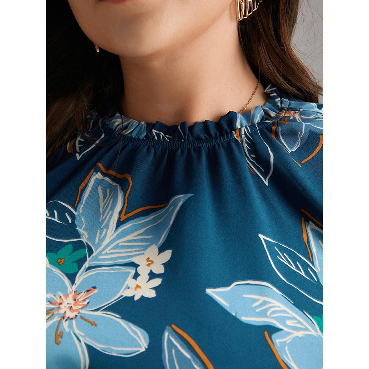Plus Size Floral Mock Neck Frill Trim Keyhole Dress Aegean Women Elegant Elastic cuffs Mock Neck Long Sleeve Curvy Midi Dress BloomChic 14-16/1X Product Image