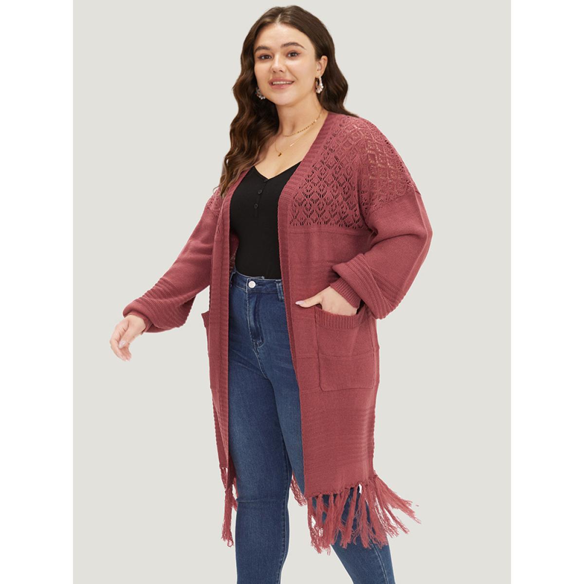 Plus Size Plain Fringe Trim Patched Pocket Cardigan Russet Women Casual Loose Long Sleeve Dailywear Cardigans BloomChic 30/6X Product Image