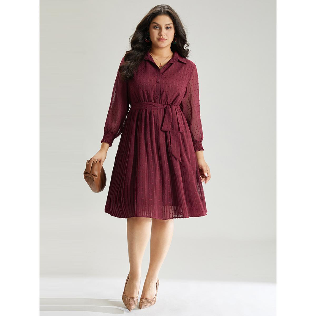 Plus Size Plain Textured Shirt Collar Gathered Belted Dress Scarlet Women Office Elastic cuffs Shirt collar Long Sleeve Curvy Midi Dress BloomChic 14-16/1X Product Image