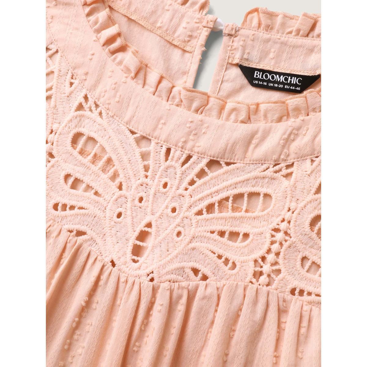 Plus Size Crepe Cotton Cut-Out Lace Ruffled Neck Blouse Women Cap Sleeve Round Neck Everyday-Elegant Blouses BloomChic 18-20/2X Product Image