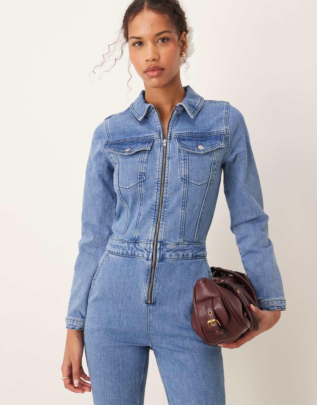 ASOS DESIGN denim long sleeve jumpsuit in mid blue Product Image