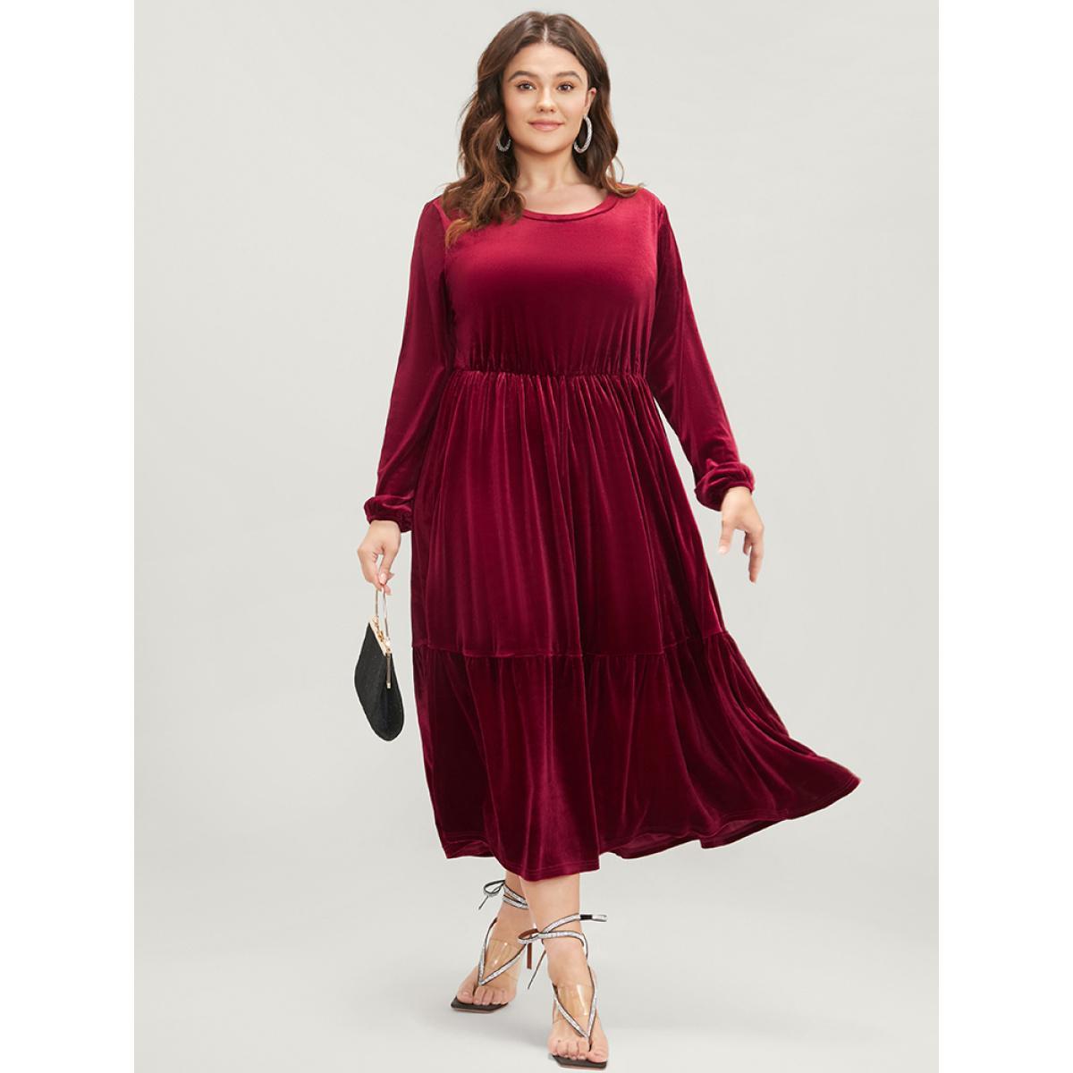 Plus Size Solid Pocket Lantern Sleeve Velvet Flutter Dress Burgundy Women Party Plain Round Neck Long Sleeve Curvy Long Dress BloomChic 26/4X Product Image