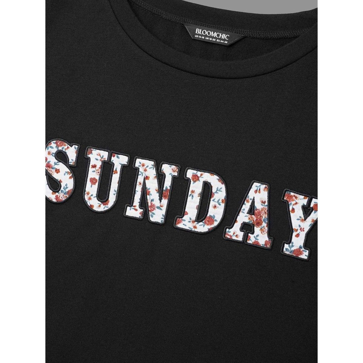 Plus Size Sunday Patchwork Embroidered Sweatshirt Women Black Casual Embroidered Round Neck Everyday Sweatshirts BloomChic 30/6X Product Image
