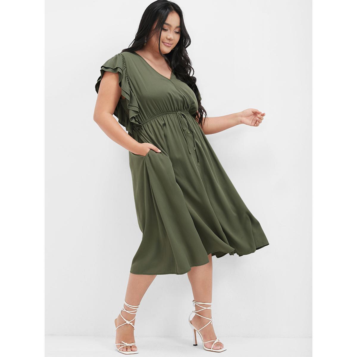 Plus Size Solid Ruffles Button Ties Pocket Midi Dress ArmyGreen Women Elegant Plain V-neck Cap Sleeve Curvy Knee Dress BloomChic 30/6X Product Image