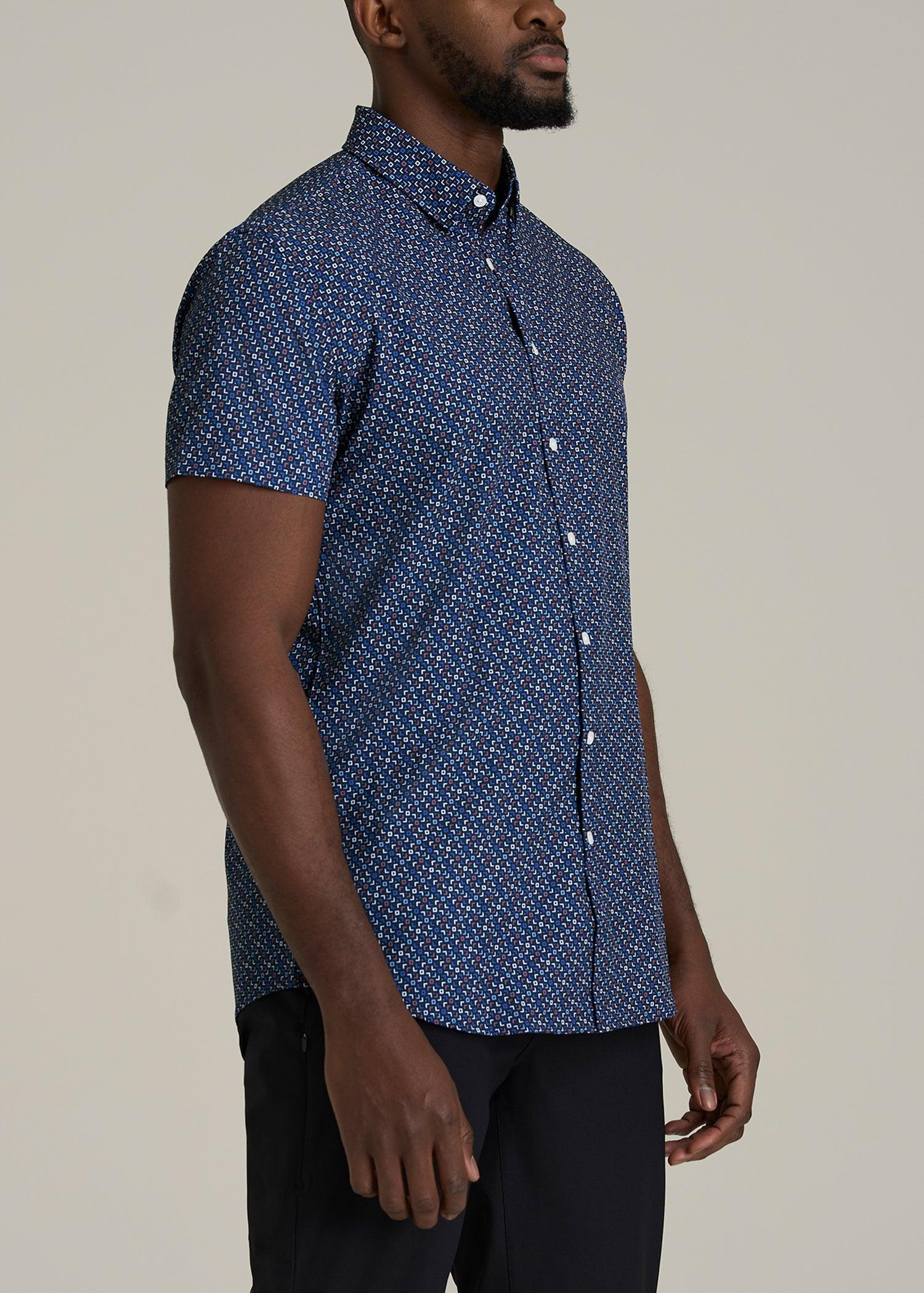 Short Sleeve Traveler Stretch Button Shirt for Tall Men in Blue Fleck Product Image