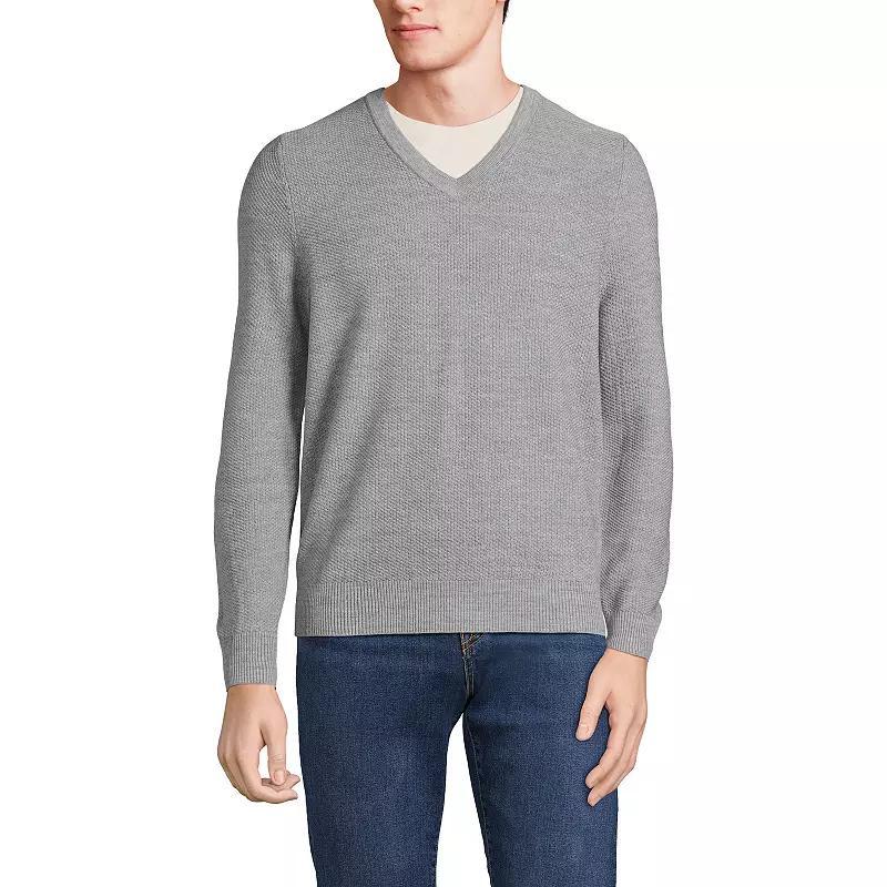 Mens Lands End Washable Merino Wool V-Neck Sweater Pewter Grey Product Image