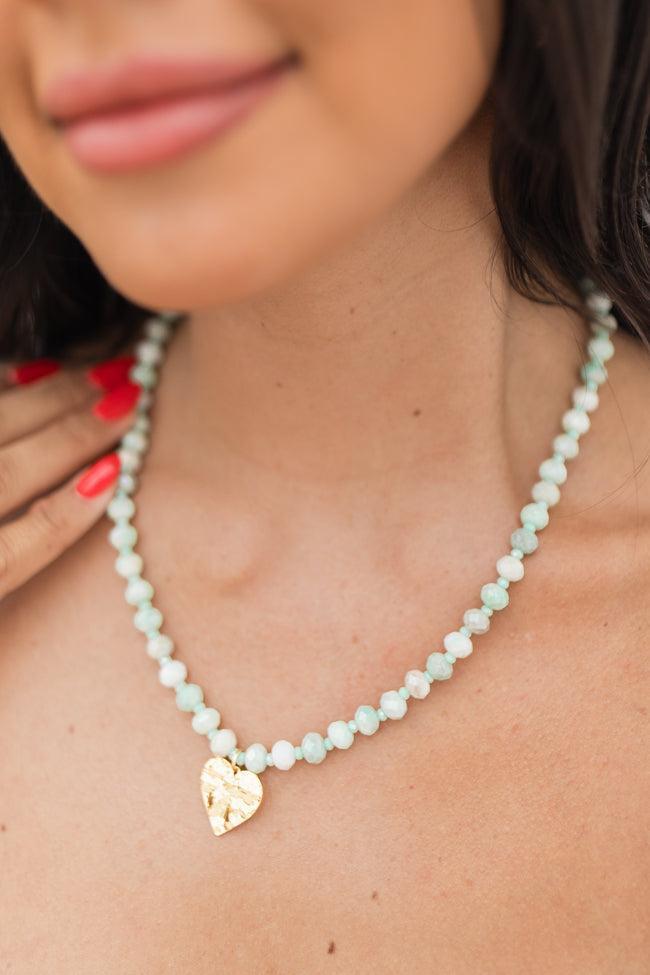 Light Turquoise Glass Beaded Necklace with Heart Charm SALE Product Image