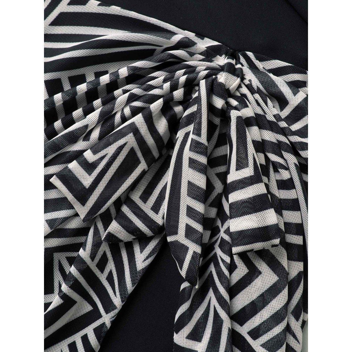 Plus Size Geometric Print Knotted Swim Dress Women's Swimwear Black Beach Bodycon V-neck High stretch Curve Swim Dresses BloomChic 18-20/2X Product Image