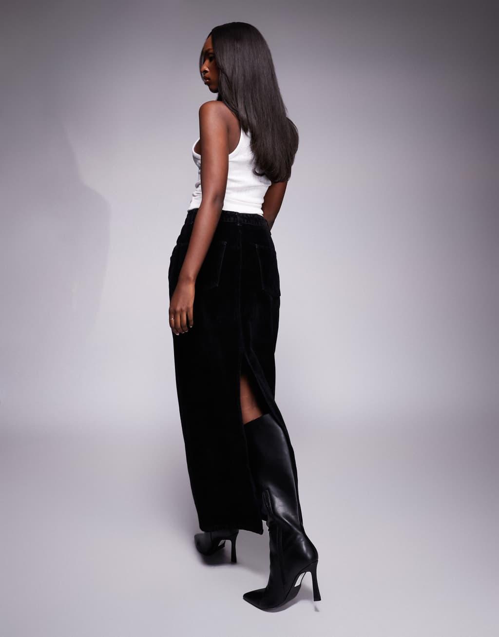ASOS DESIGN flocked denim maxi skirt with back slit in black Product Image
