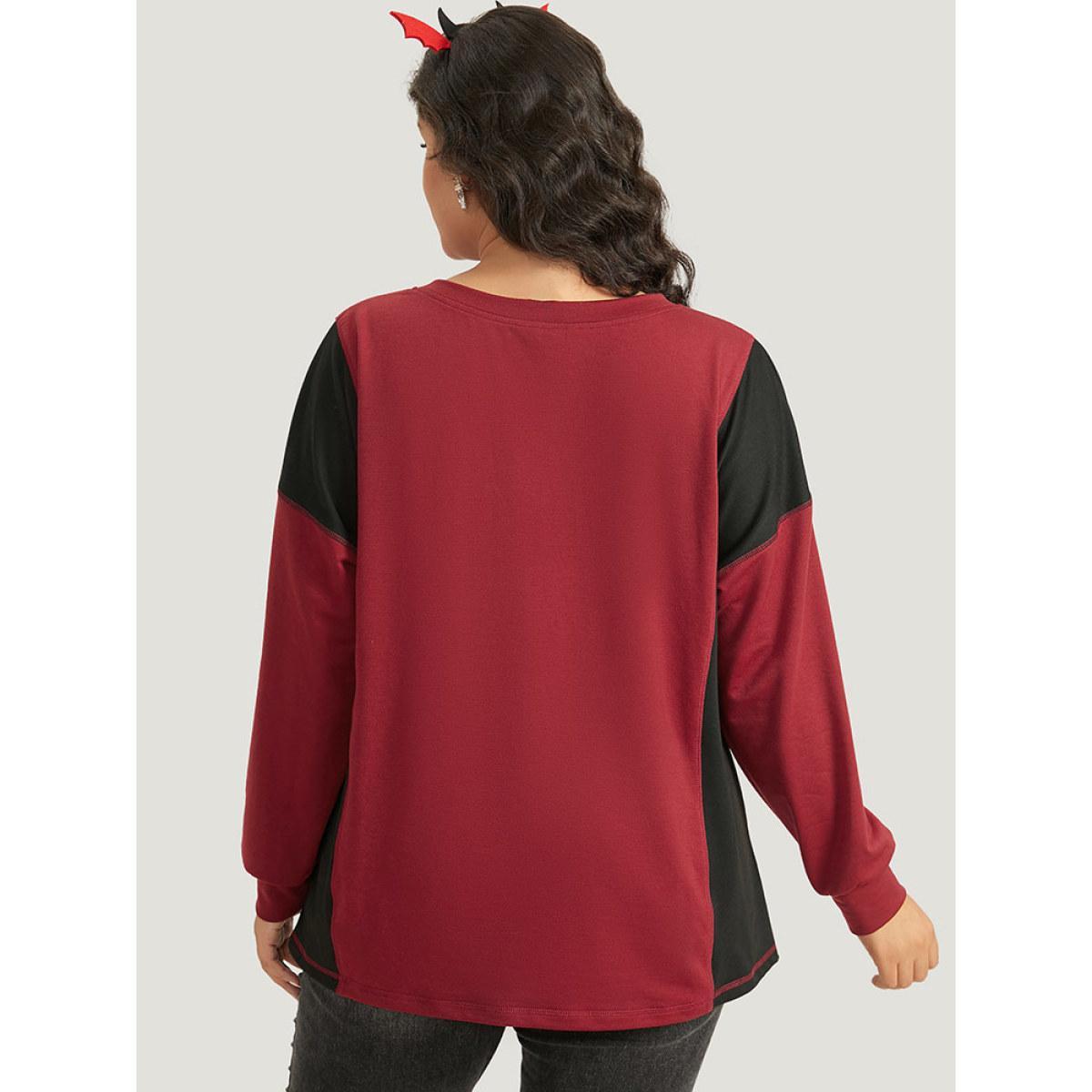 Plus Size Halloween Two Tone Stitch Patchwork Sweatshirt Women Black Casual Elastic cuffs V-neck Festival-Halloween Sweatshirts BloomChic 26/4X Product Image