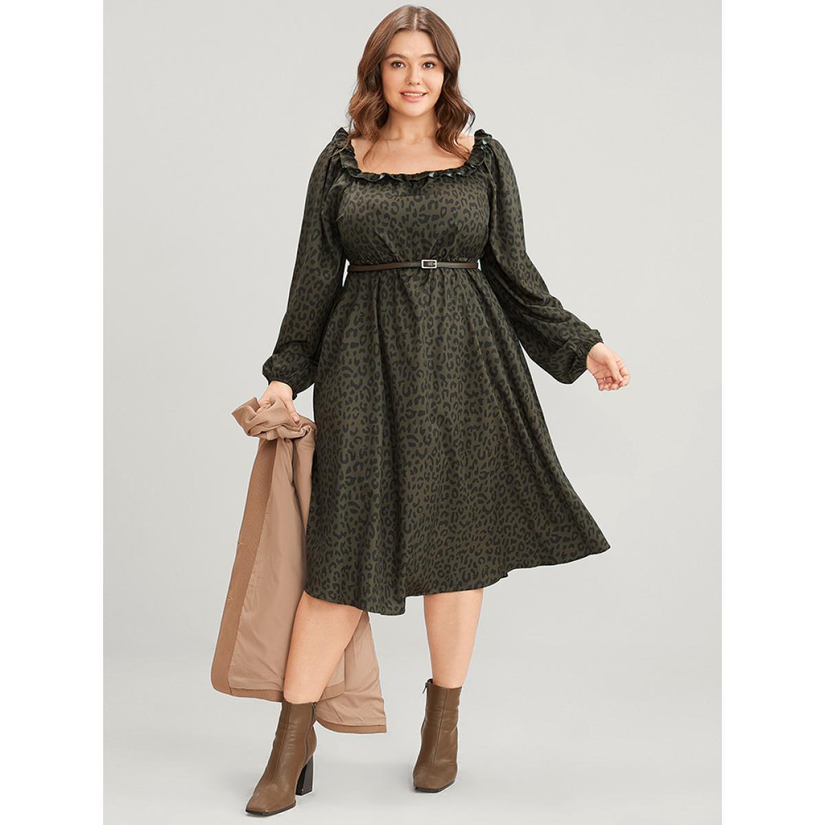 Plus Size Leopard Print Square Neck Pocket Puff Sleeve Midi Dress ArmyGreen Women Elegant Square Neck Long Sleeve Curvy Midi Dress BloomChic 28/5X Product Image