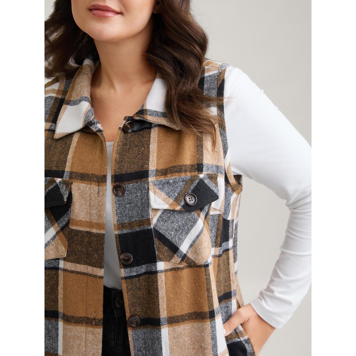 Plus Size Plaid Flap Detail Sleeveless Jacket Women Yellowishbrown Button Side seam pocket Everyday Jackets BloomChic 10/M Product Image