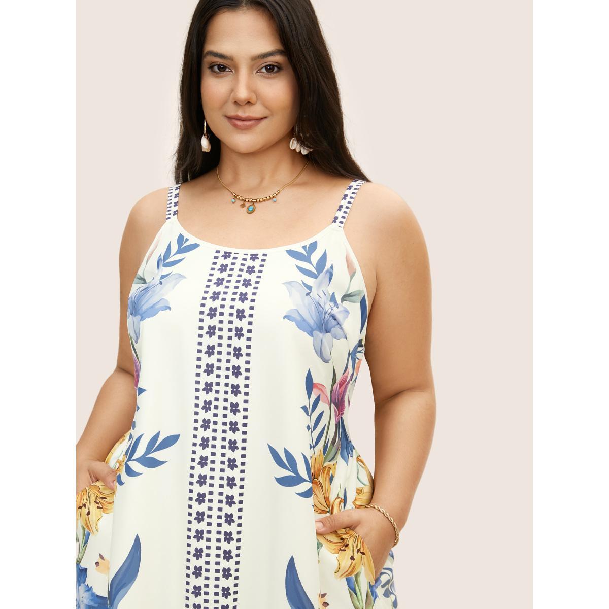 Plus Size Boho Print Patchwork Ruffle Hem Cami Dress White Women Resort Round Neck Sleeveless Curvy BloomChic 14-16/1X Product Image