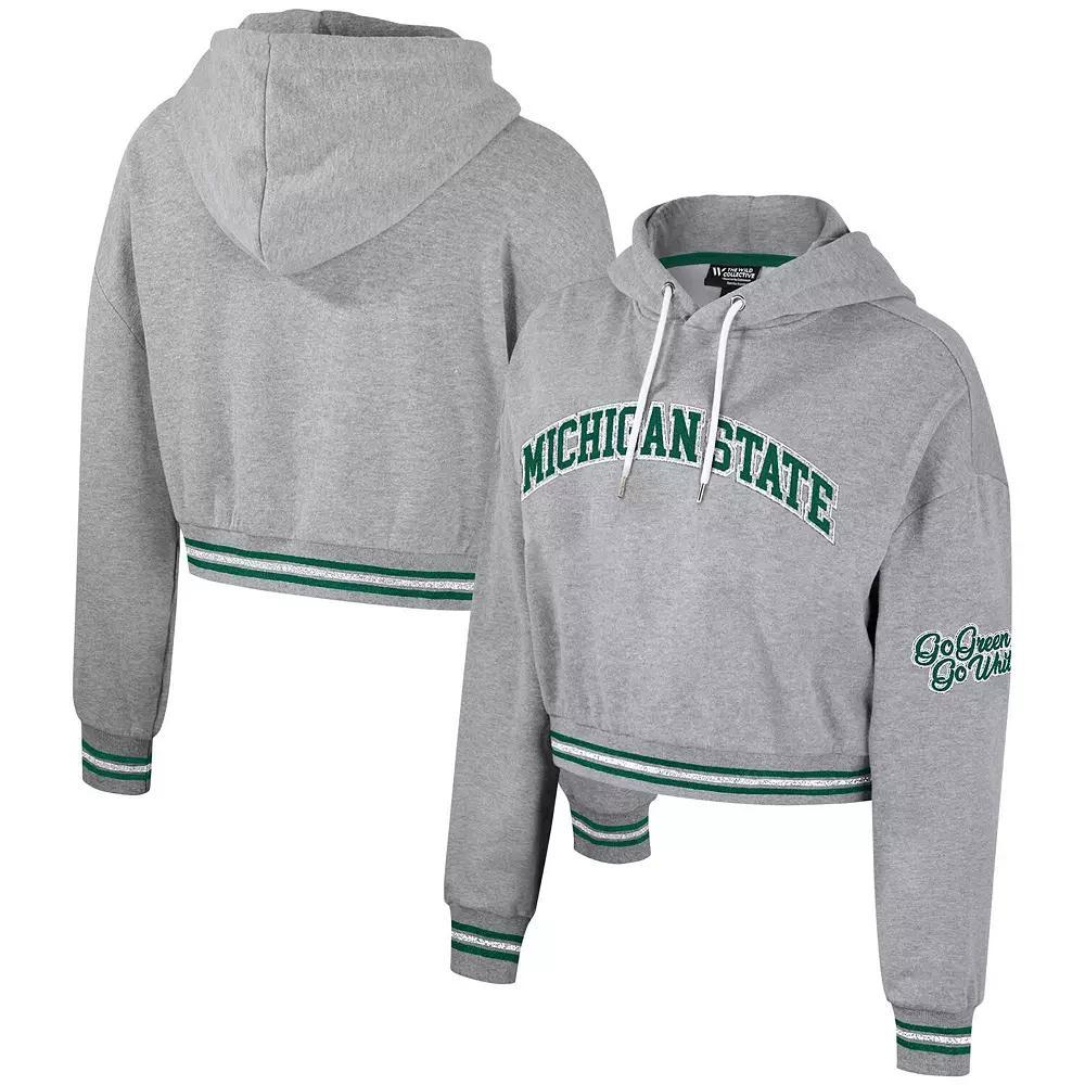 Women's The Wild Collective Heather Gray Michigan State Spartans Cropped Shimmer Pullover Hoodie, Size: 2XL, Grey Product Image