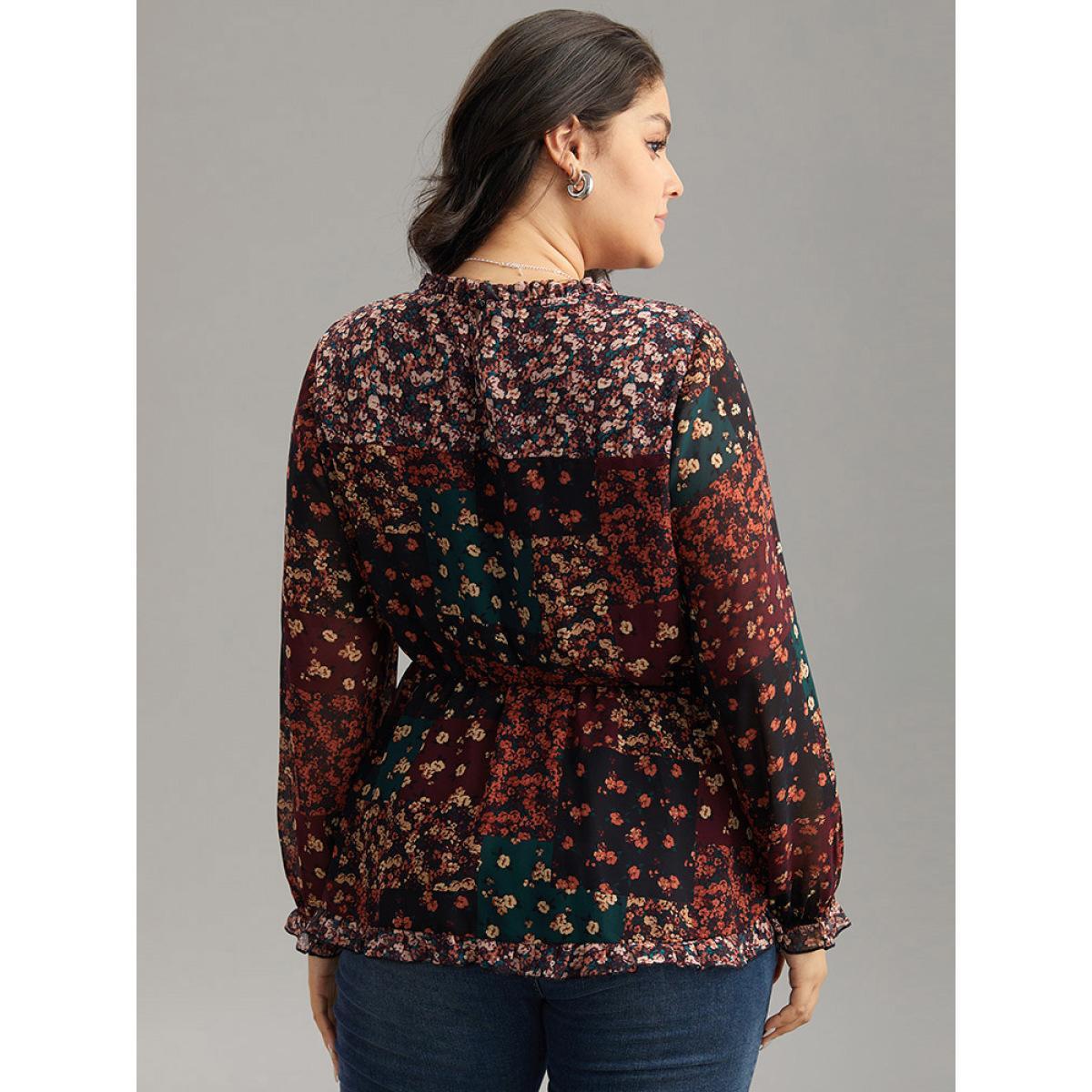 Plus Size BlackFlower Ditsy Floral Shirred Patchwork Frill Trim Gathered Blouse Women Elegant Long Sleeve Stand-up collar Everyday Blouses BloomChic 26/4X Product Image