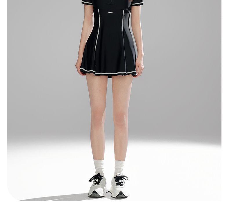 Short-Sleeve Mesh A-Line Swim Dress Product Image