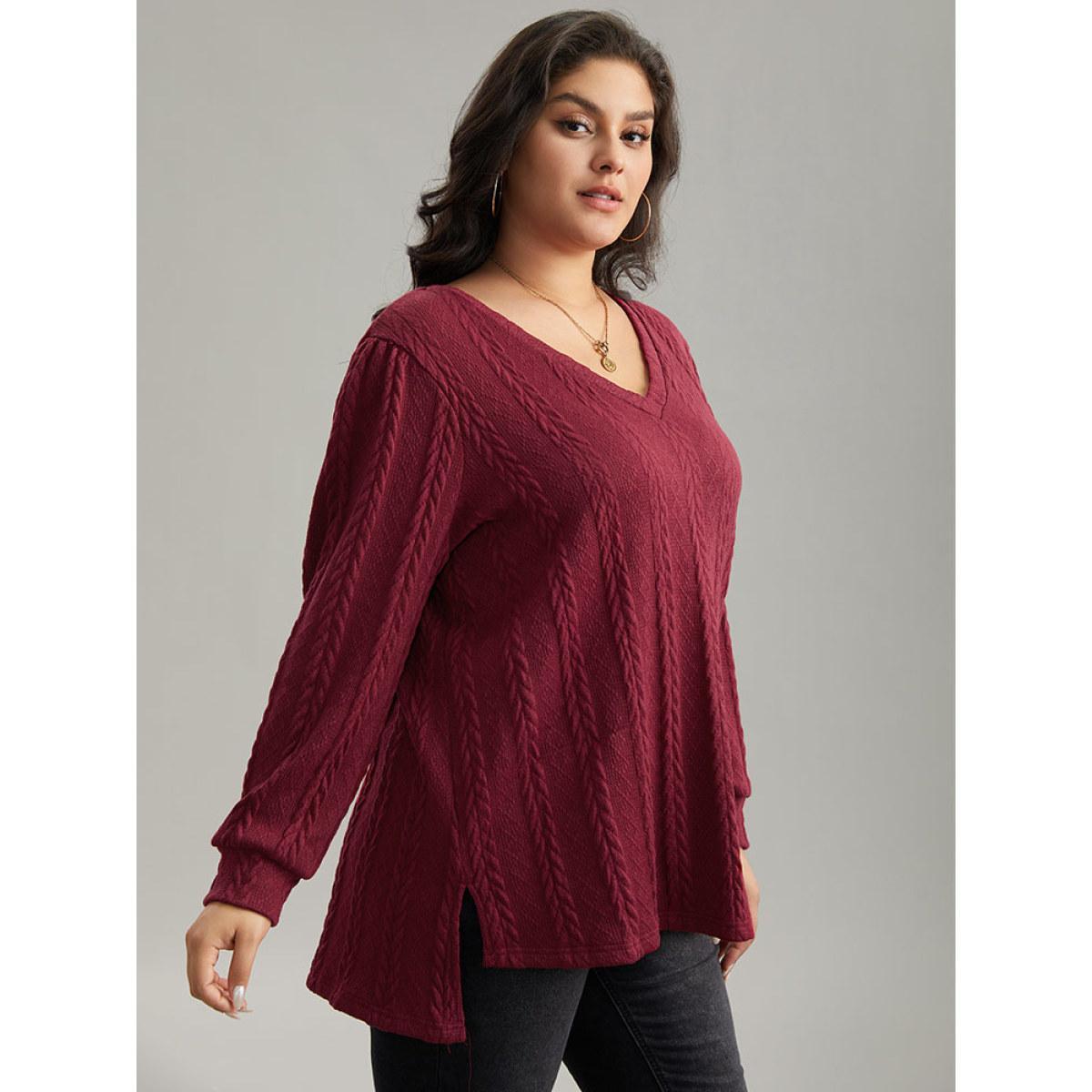 Plus Size Plain Cable Knit Elastic Cuffs Sweatshirt Women Raspberry Casual Texture V-neck Dailywear Sweatshirts BloomChic 30/6X Product Image