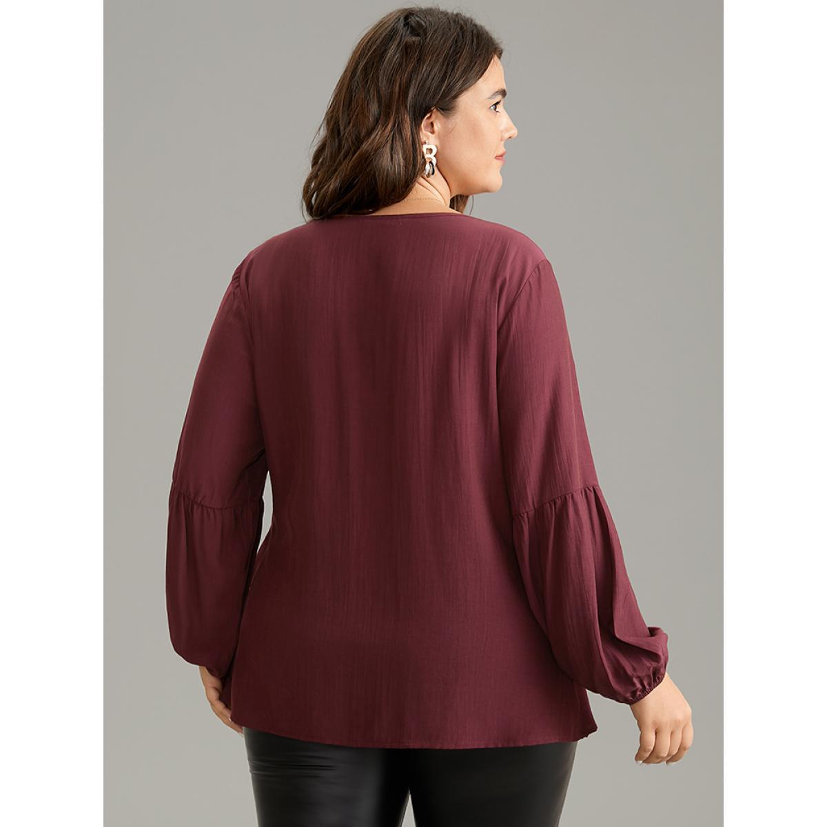 Plus Size Burgundy Supersoft Essentials Solid Wrap Gathered Ties Blouse Women Work From Home Long Sleeve Overlap Collar Work Blouses BloomChic 12/L Product Image