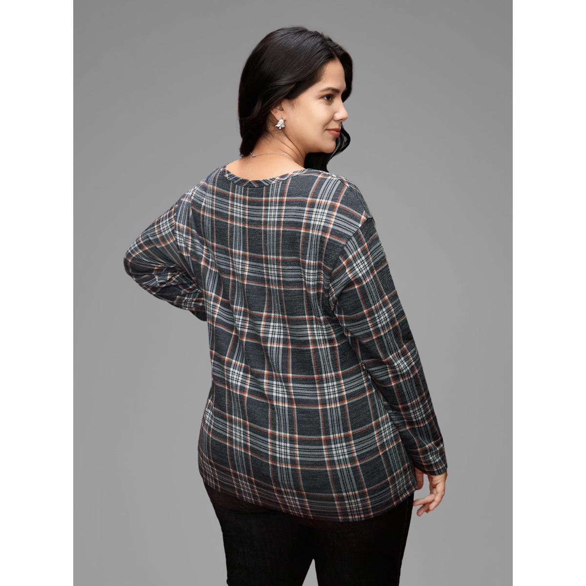 Plus Size Plaid V-neck Full Sleeves Slim-Fit Tee DimGray Women Casual Button V-neck Everyday T-shirts BloomChic 26/4X Product Image