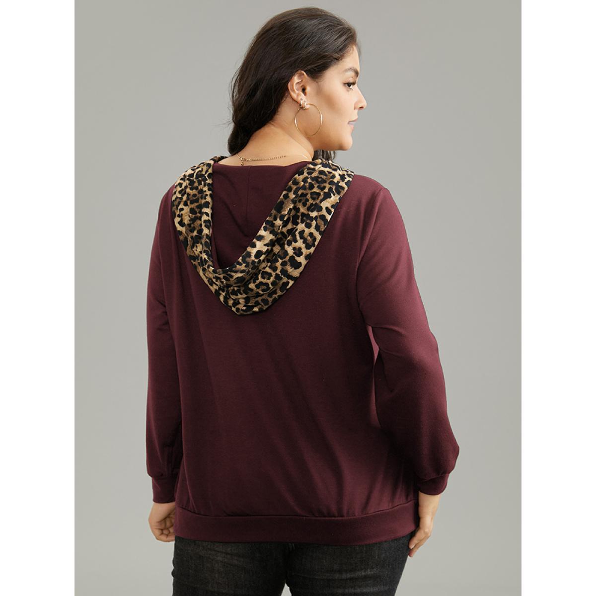 Plus Size Leopard Patchwork Kangaroo Pocket Hooded Sweatshirt Women Burgundy Casual Contrast Hooded Dailywear Sweatshirts BloomChic 22-24/3X Product Image