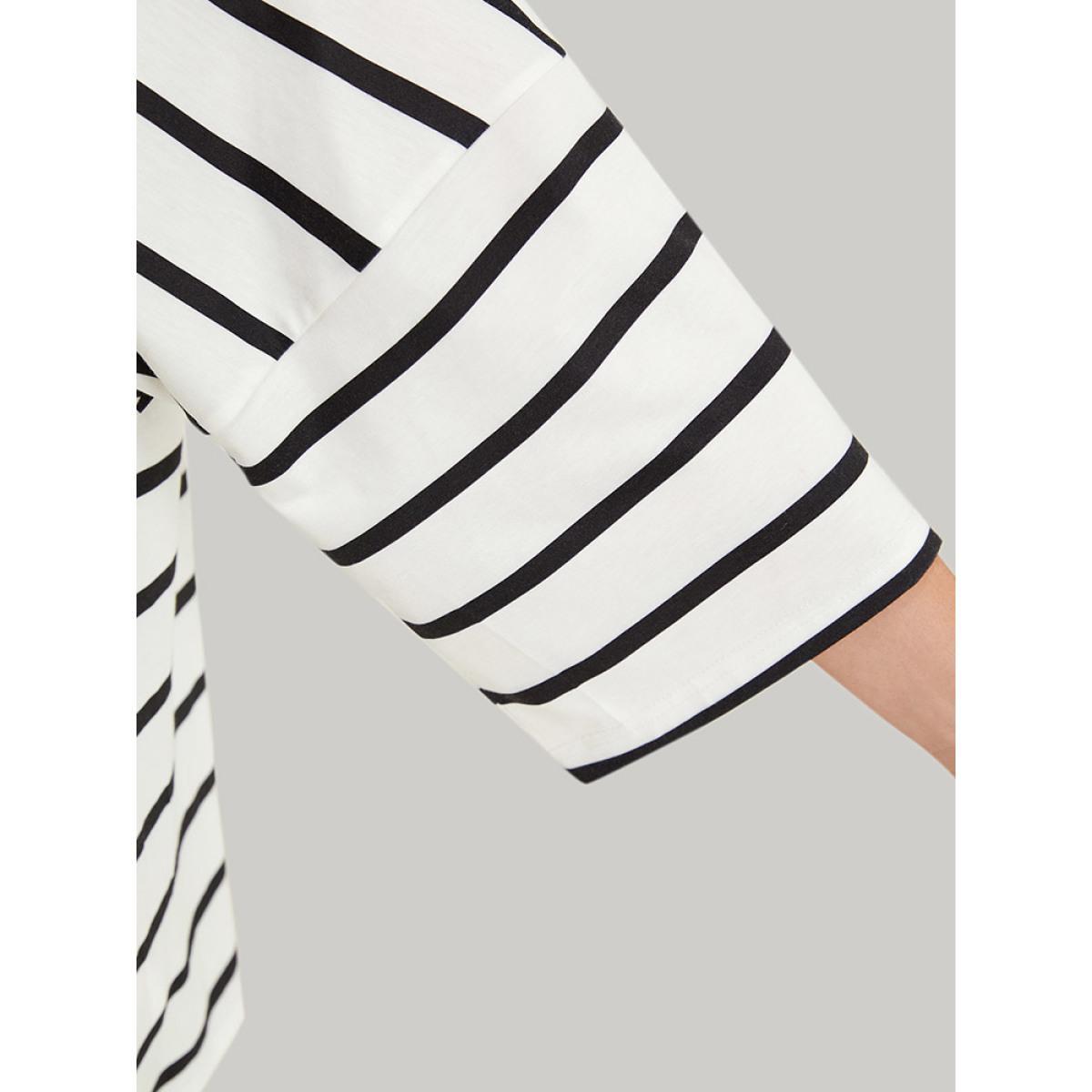 Plus Size Striped Print Button Detail Notched T-shirt White Women Casual Button Striped Notched collar Dailywear T-shirts BloomChic 28/5X Product Image