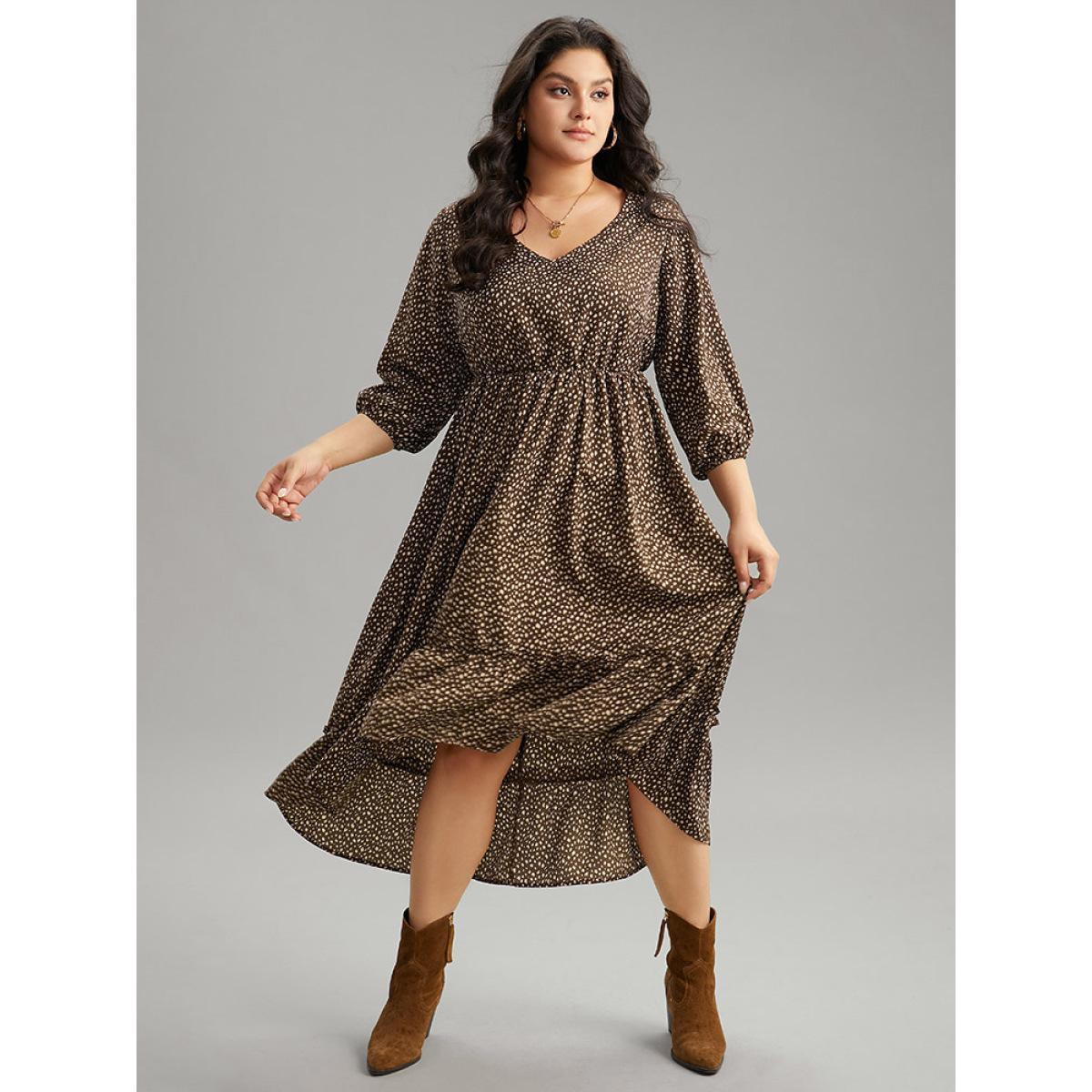 Plus Size Leopard Lantern Sleeve Ruffles Frill Trim Dress DarkBrown Women Vacation Elastic cuffs V-neck Elbow-length sleeve Curvy Midi Dress BloomChic 14-16/1X Product Image