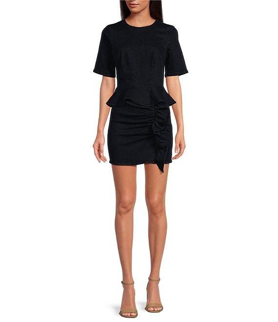 COREY LYNN CALTER Yolanda Denim Round Neck Short Sleeve Peplum Top Product Image