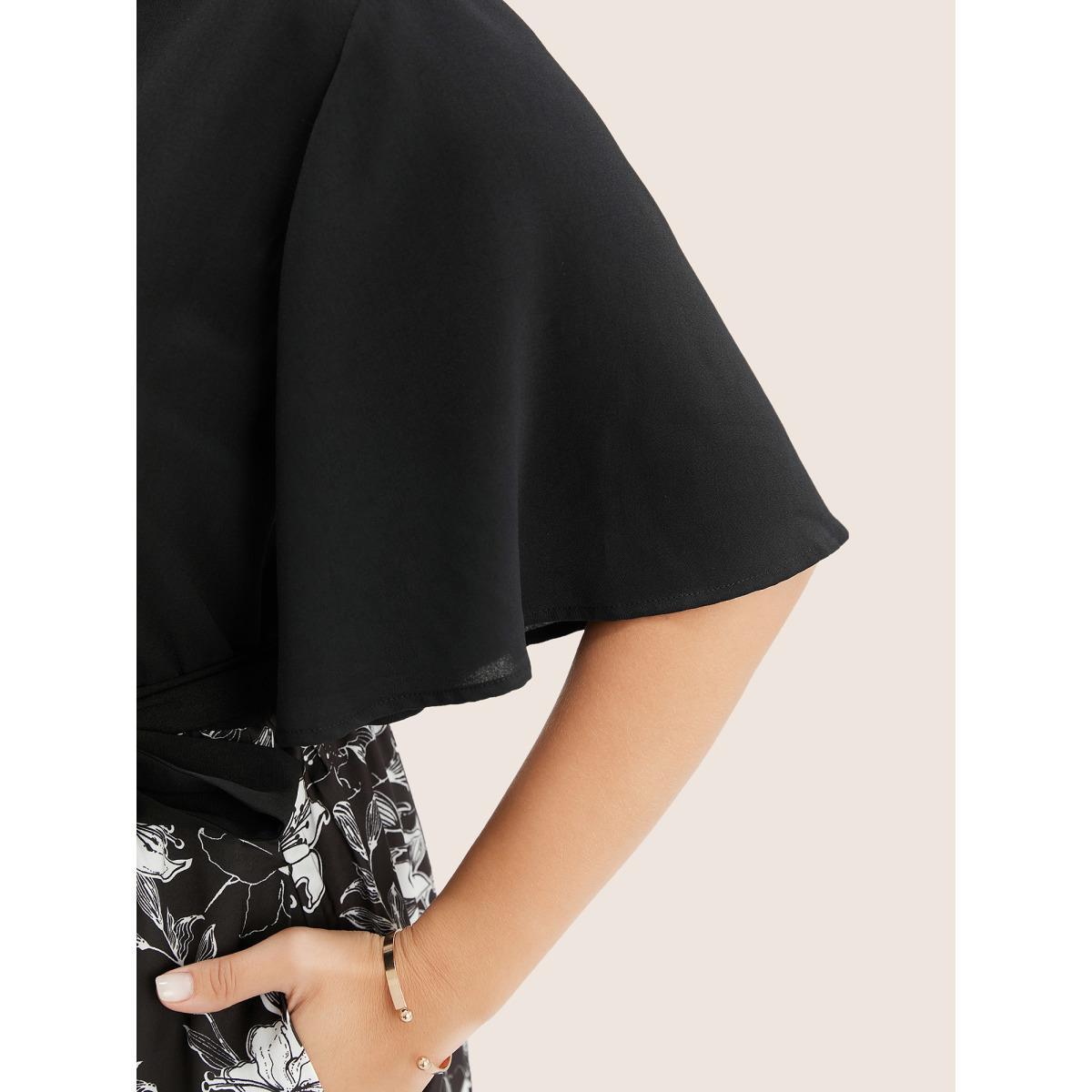 Plus Size Floral Patchwork Pocket Belt Surplice Neck Ruffle Hem Dress Black Women Elegant Patchwork V-neck Short sleeve Curvy Midi Dress BloomChic 22-24/3X Product Image