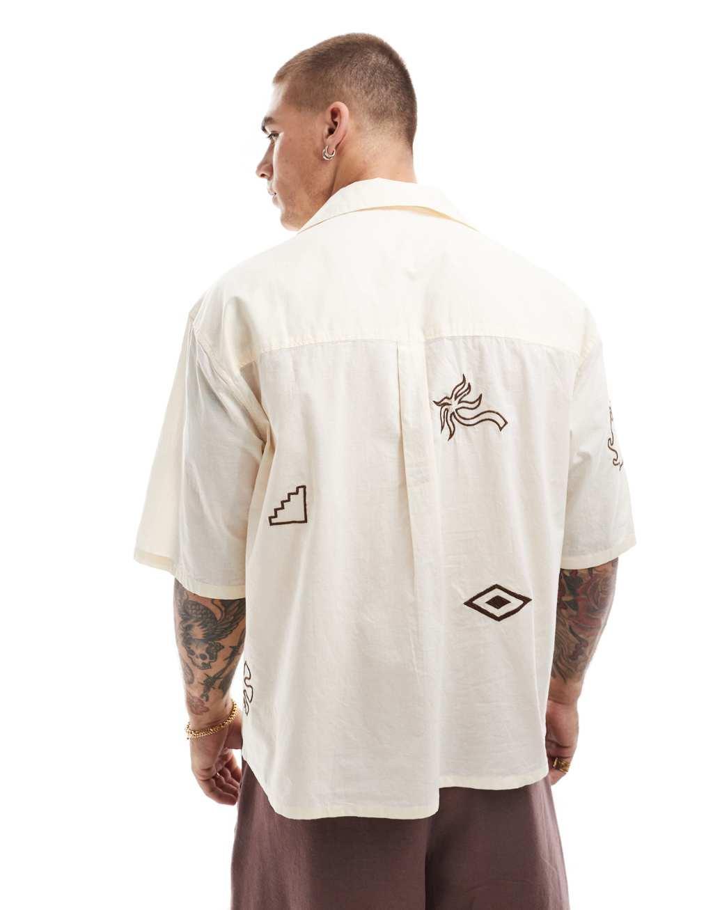 ONLY & SONS camp collar shirt with doodle print in beige Product Image