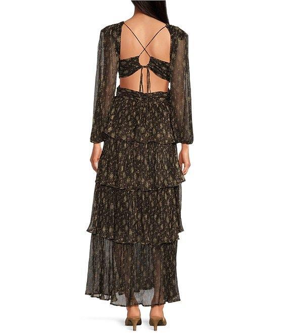 ASTR The Label Anora Floral Print V Neck Long Sleeve Tiered Maxi Dress Product Image