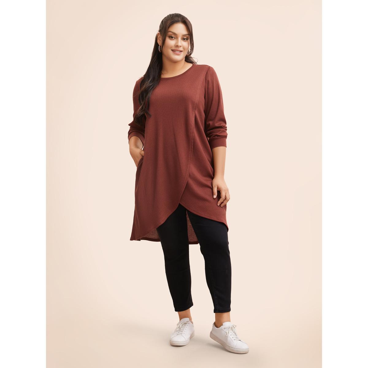 Plus Size Solid Waffle Knit Overlap Hem T-shirt Rust Women Casual Overlapping Round Neck Everyday T-shirts BloomChic 28/5X Product Image