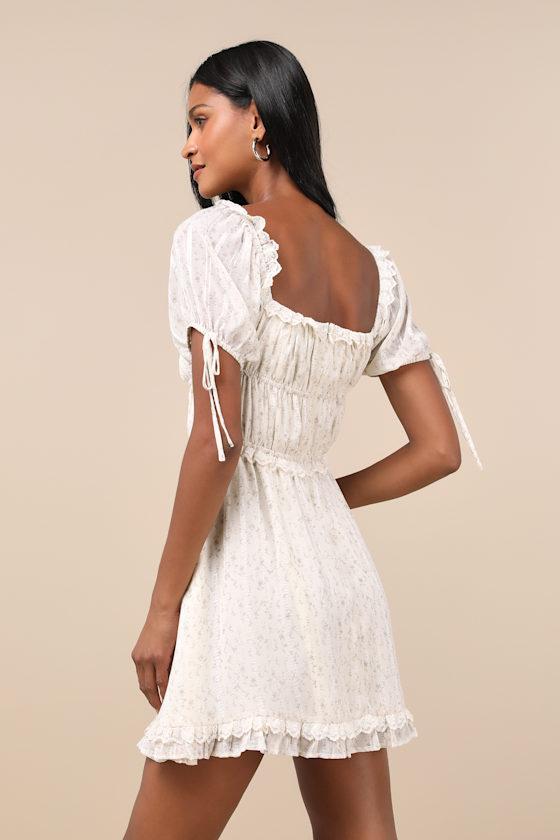 Adoring Moment Ivory Floral Lace Ruffled Puff Sleeve Mini Dress Product Image