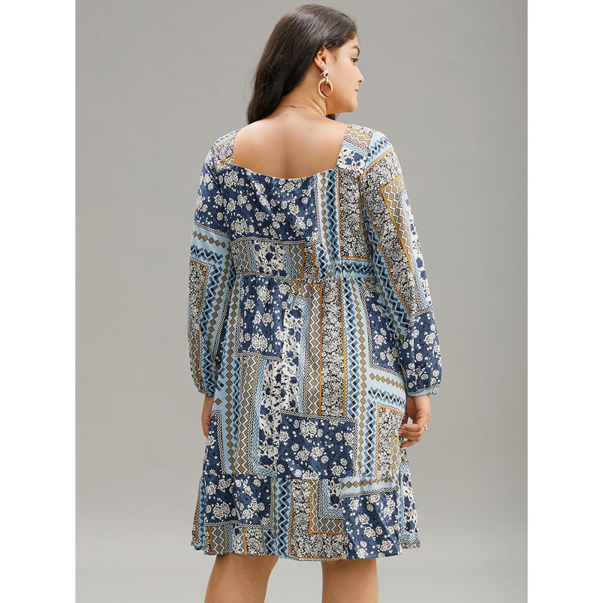 Plus Size Bandana Print Patchwork Ties Pocket Lantern Sleeve Dress Stone Women Vacation Elastic cuffs Square Neck Long Sleeve Curvy Midi Dress BloomChic 14-16/1X Product Image