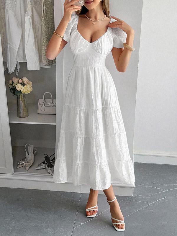 A-Line Loose Backless Pleated Solid Color Tied V-Neck Midi Dresses Product Image