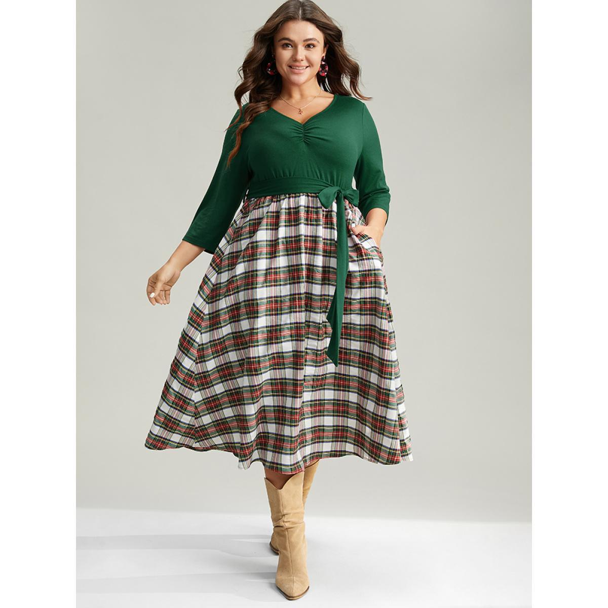 Plus Size Christmas Plaid Patchwork Ruched Belted Dress DarkGreen Women Work From Home Gathered V-neck Elbow-length sleeve Curvy Midi Dress BloomChic 12/L Product Image