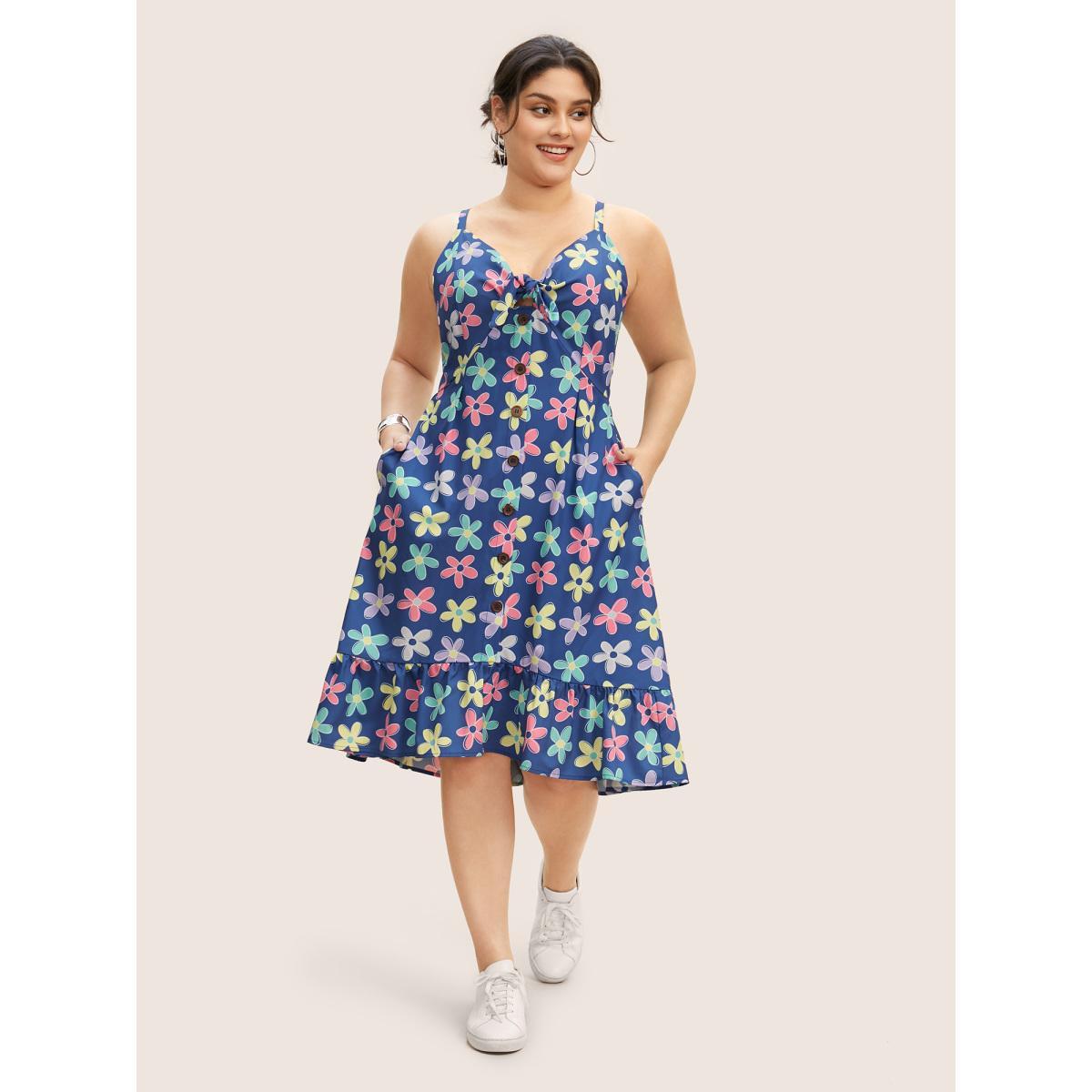 Plus Size V Neck Floral Twist Front Button Detail Dress Mediumblue Women Casual Twist V-neck Sleeveless Curvy BloomChic 18-20/2X Product Image