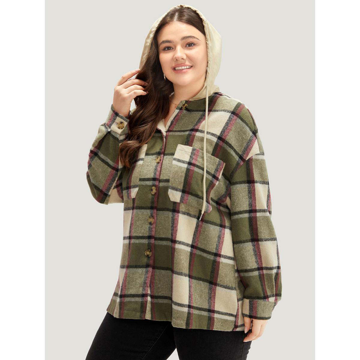 Plus Size Plaid Hooded Drawstring Pocket Coat Women Multicolor Contrast Pocket Dailywear Jackets BloomChic 10/M Product Image