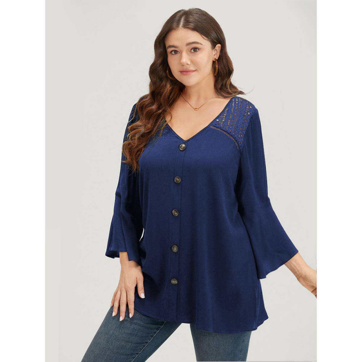 Plus Size Indigo Plain Crochet Lace Button Detail Bell Sleeve Blouse Women Elegant Elbow-length sleeve V-neck Dailywear Blouses BloomChic 10/M Product Image