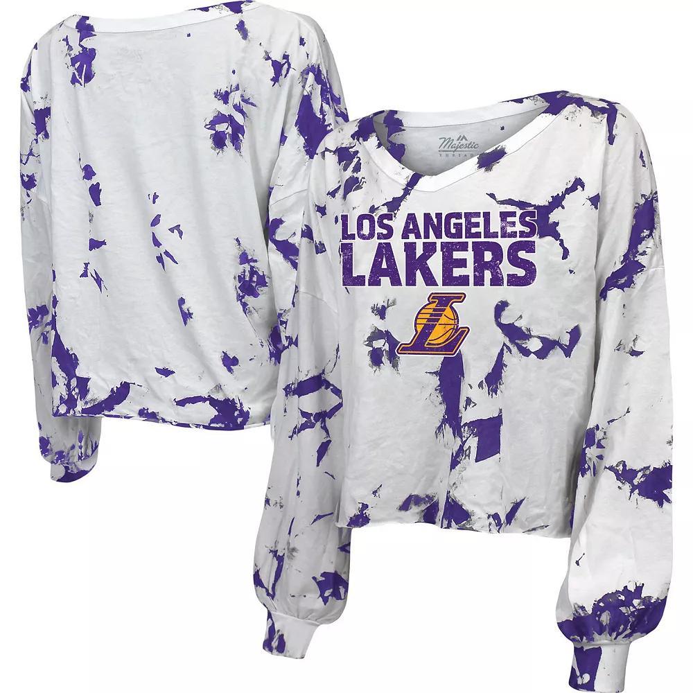 Women's Majestic Threads White Los Angeles Lakers Aquarius Tie-Dye Cropped V-Neck Long Sleeve T-Shirt, Size: Small Product Image