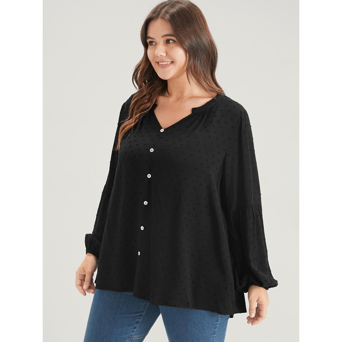 Plus Size Black Solid Button Lantern Sleeve Polka Dot Blouse Women Basics Cap Sleeve V-neck Work Blouses BloomChic 28/5X Product Image